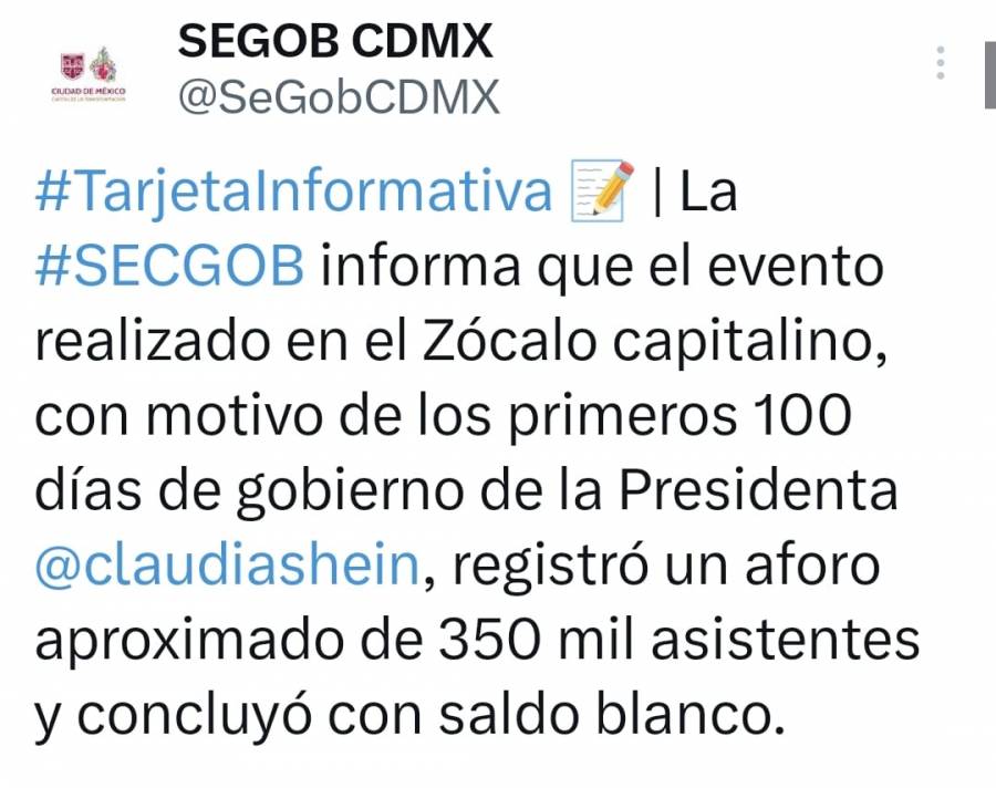 350 mil personas acuden a evento de Sheinbaum; saldo blanco: SECGOB