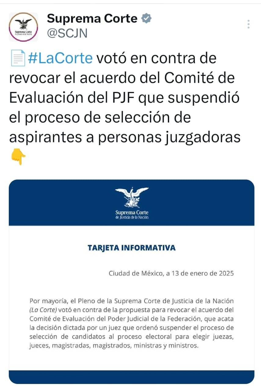 SCJN vota en contra de dar luz verde a funciones del  Comité de Evaluación del Poder Judicial de la  Federación