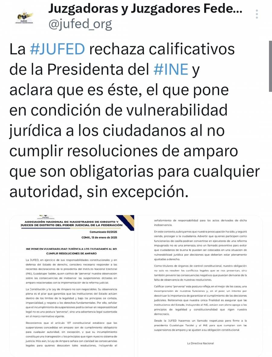 JUFED contesta a Taddei a cumplir con las suspensiones de amparo y evitar poner en riesgo a los ciudadanos partícipes