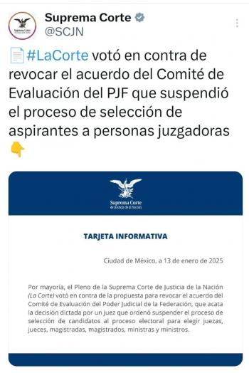 SCJN vota en contra de dar luz verde a funciones del  Comit&eacute; de Evaluaci&oacute;n del Poder Judicial de la  Federaci&oacute;n