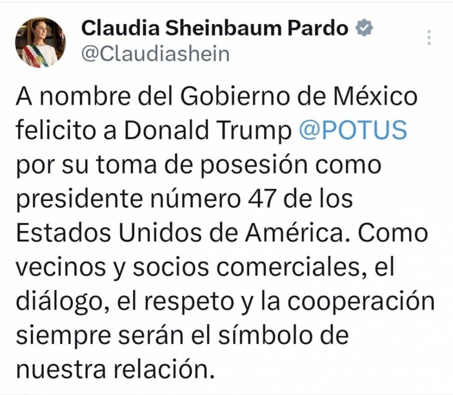 Sheinbaum felicita a Trump; espera que la relación bilateral sea de diálogo, respeto y cooperación