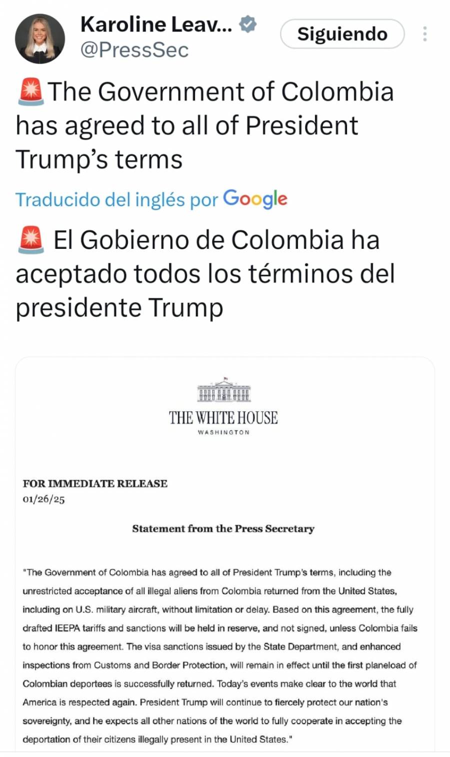 Sheinbaum celebra acuerdo entre EEUU y Colombia