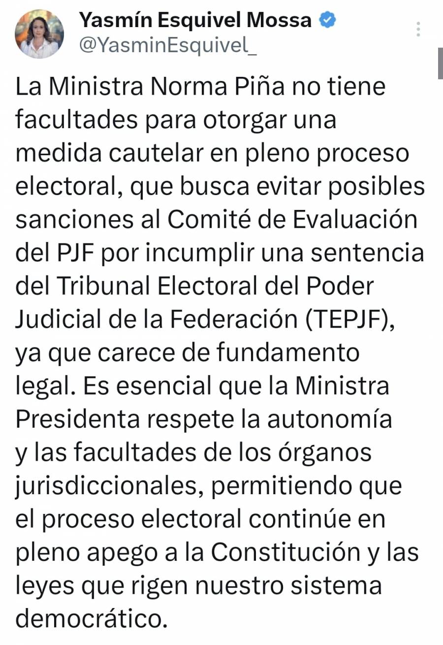 Norma Piña sin facultades para otorgar medida cautelar a favor del Comité de Evaluación: Ministra Yasmín Esquivel