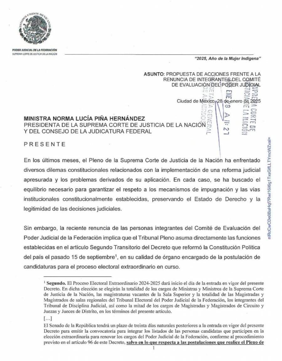 SCJN rechaza asumir funciones del Comité de Evaluación del PJF, como lo propuso ministra Ríos Farjat