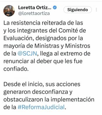 Ministra Ortiz acusa al Comit&eacute; de Evaluaci&oacute;n de obstaculizar Reforma Judicial