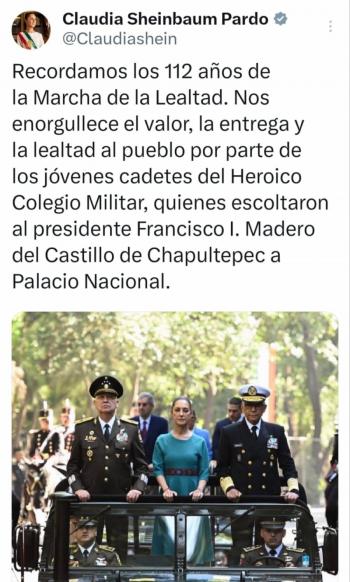 Presidenta de M&eacute;xico, resalta valor de cadetes que participaron en la Marcha de la lealtad
