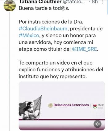 Tatiana Clouthier asume la direcci&oacute;n del Instituto de Mexicanos en el Exterior, por instrucciones de Sheinbaum