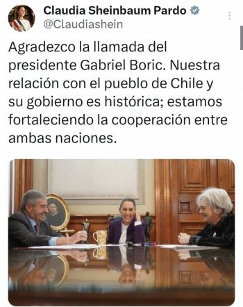 Sheinbaum y Boric sostienen llamada; hablan sobre defensa de la democracia