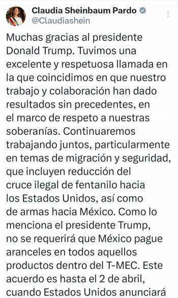 Sheinbaum anuncia que Trump resolver&aacute; hasta el 2 de abril sobre la posible imposici&oacute;n de aranceles a M&eacute;xico y otros pa&iacute;ses
