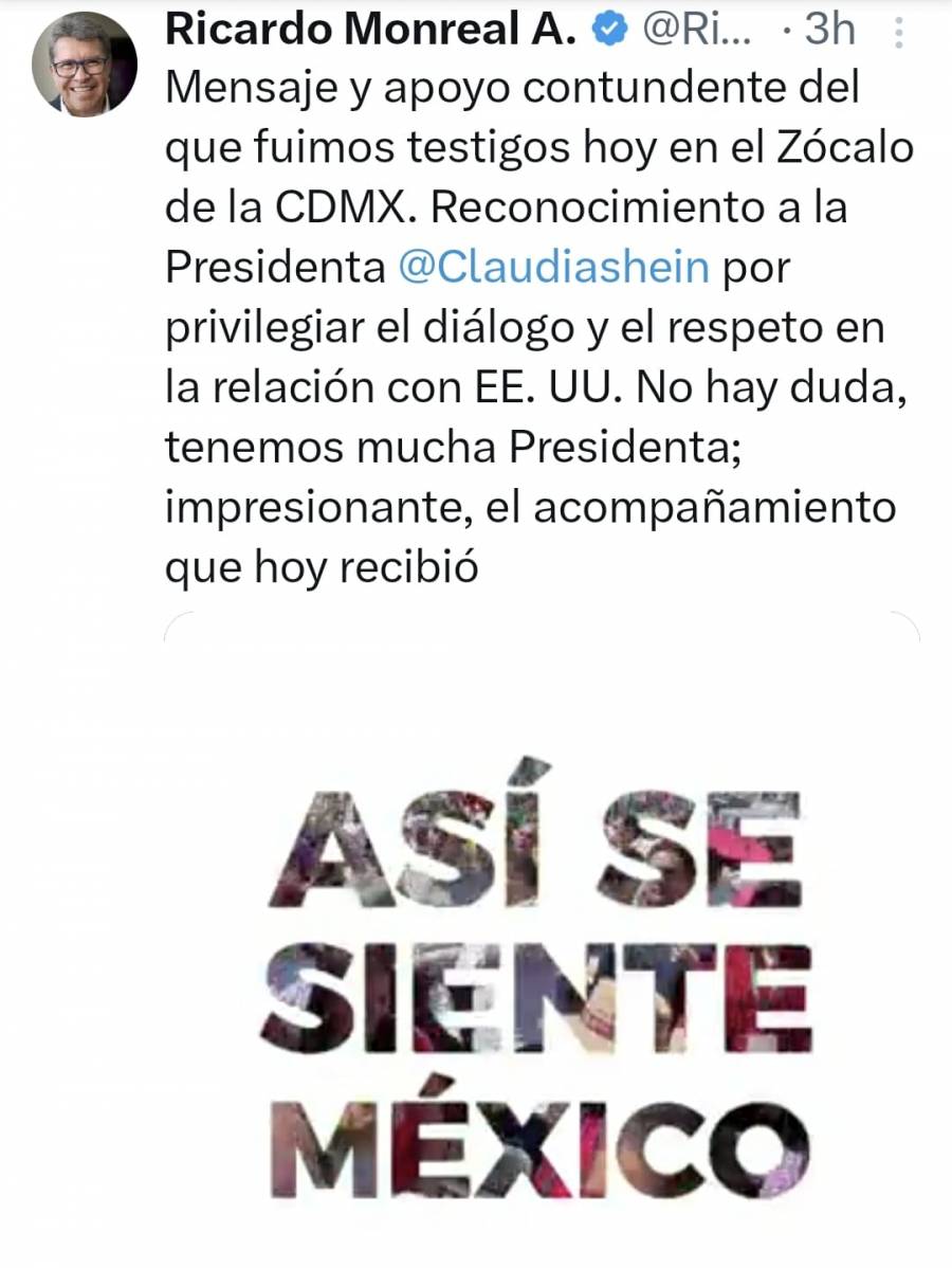 Masiva concentración en Zócalo, muestra de apoyo a Sheinbaum: Monreal
