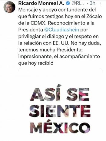 Masiva concentraci&oacute;n en Z&oacute;calo, muestra de apoyo a Sheinbaum: Monreal