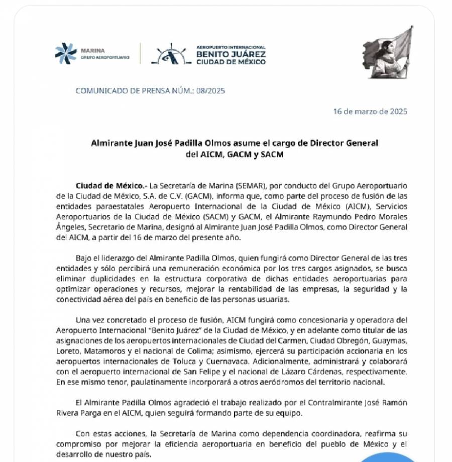 Semar designa al almirante Juan José Padilla, como nuevo director del AICM en el proceso de fusión aeroportuaria