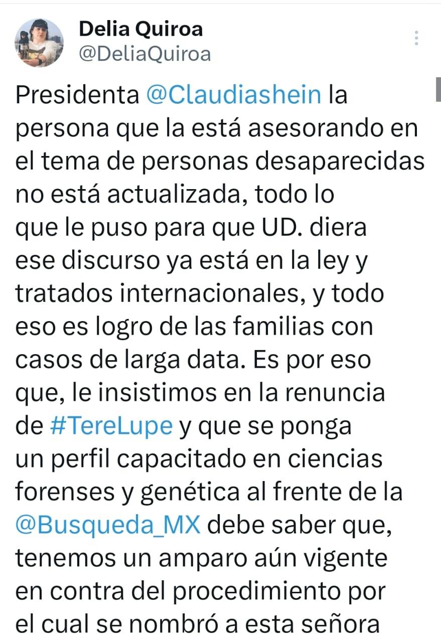 Buscadora critica a asesora de Sheinbaum en materia de desapariciones forzadas