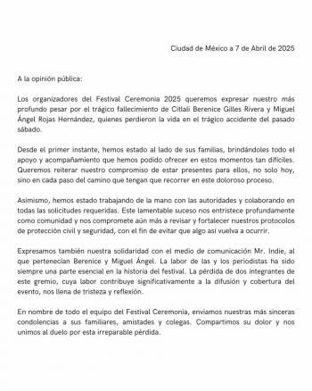 Festival Ceremonia rompe el silencio tras desplome que dej&oacute; dos muertos y promete reforzar medidas de seguridad