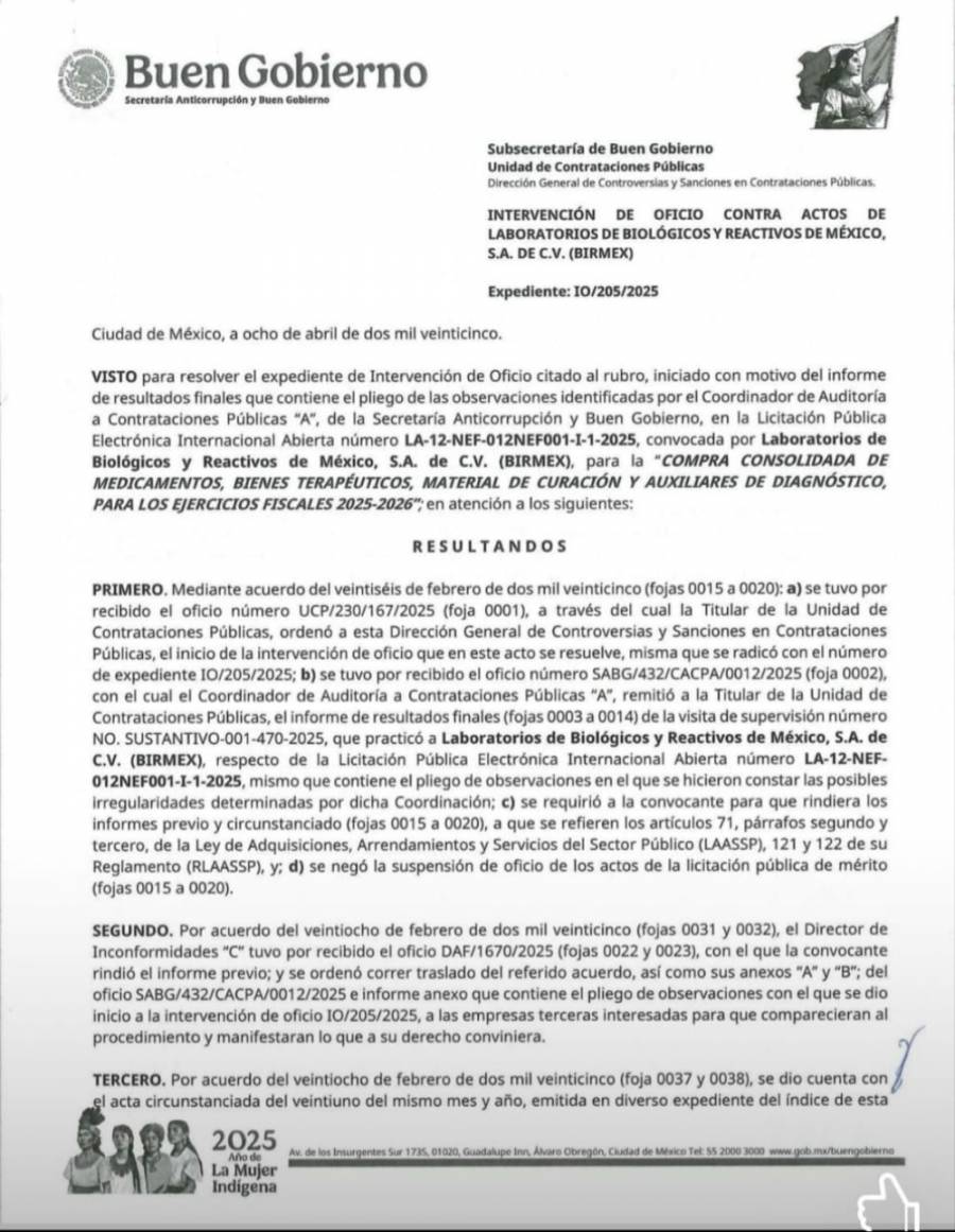 Se anula licitación de medicamentos e insumos por irregularidades de Birmex; PAN llamará a comparar a autoridades