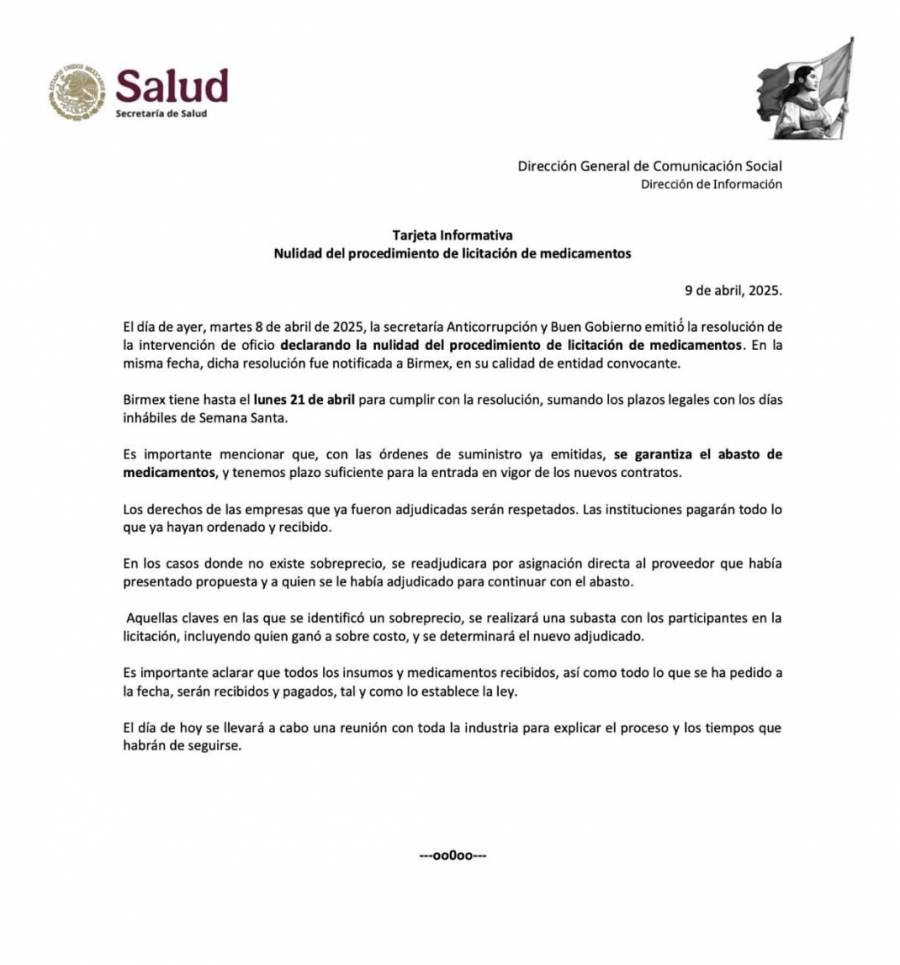 Se cumplirá con pagos a empresas por medicamentos y reunión con la Industria Farmacéutica tras anularse licitación de Birmex: Secretaría de Salud