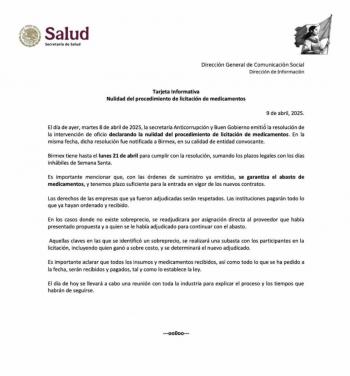 Se cumplirá con pagos a empresas por medicamentos y reunión con la Industria Farmacéutica tras anularse licitación de Birmex: Secretaría de Salud