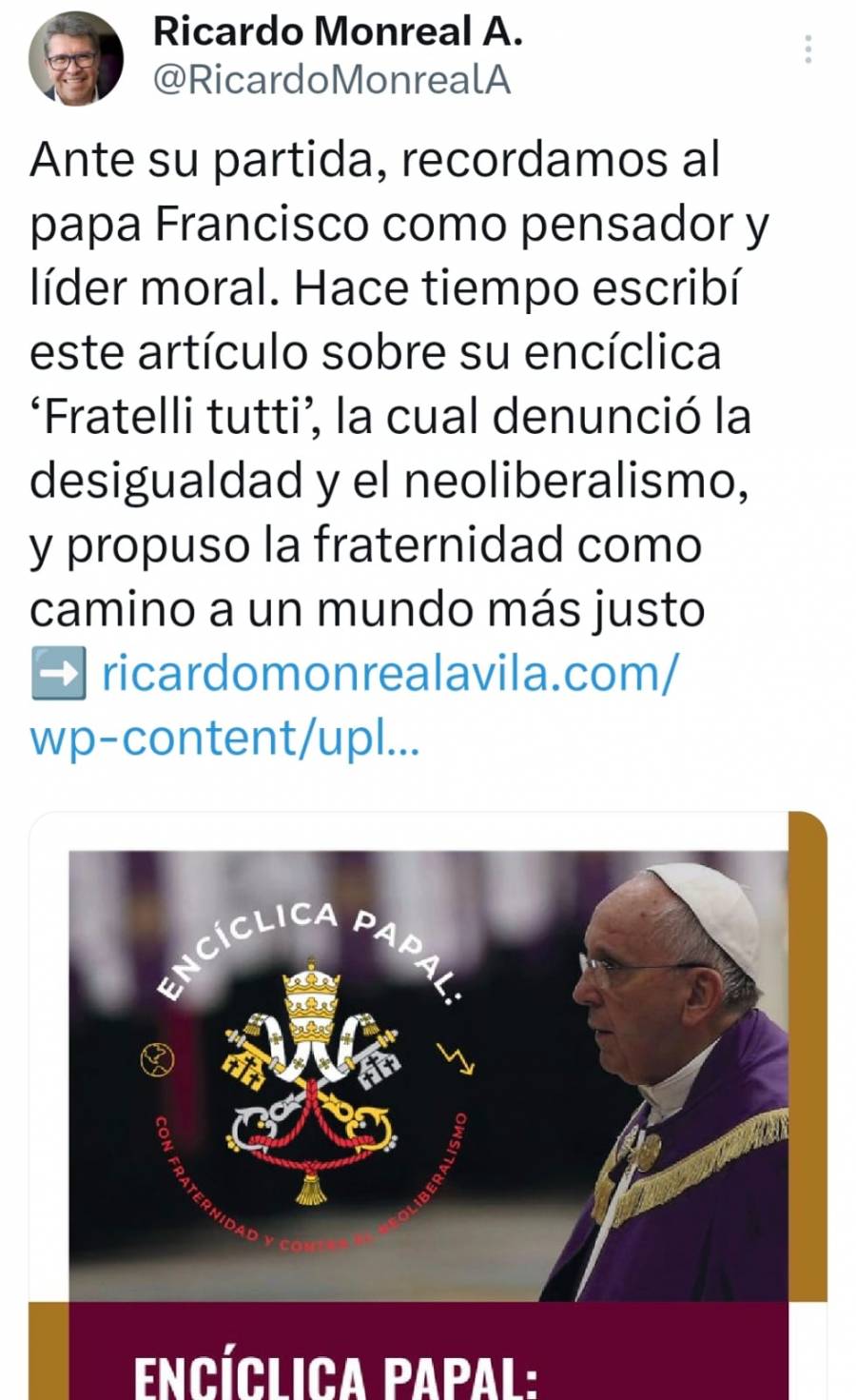 Monreal destaca el mensaje del Papa Francisco: fraternidad contra el neoliberalismo