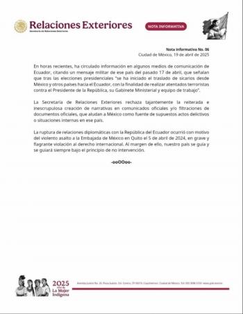 Sheinbaum rechaza señalamientos de Ecuador sobre presunta amenaza desde México contra Daniel Noboa