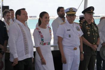 Claudia Sheinbaum da banderazo al Tren de Carga del Tren Maya y supervisa ampliación del Puerto de Progreso