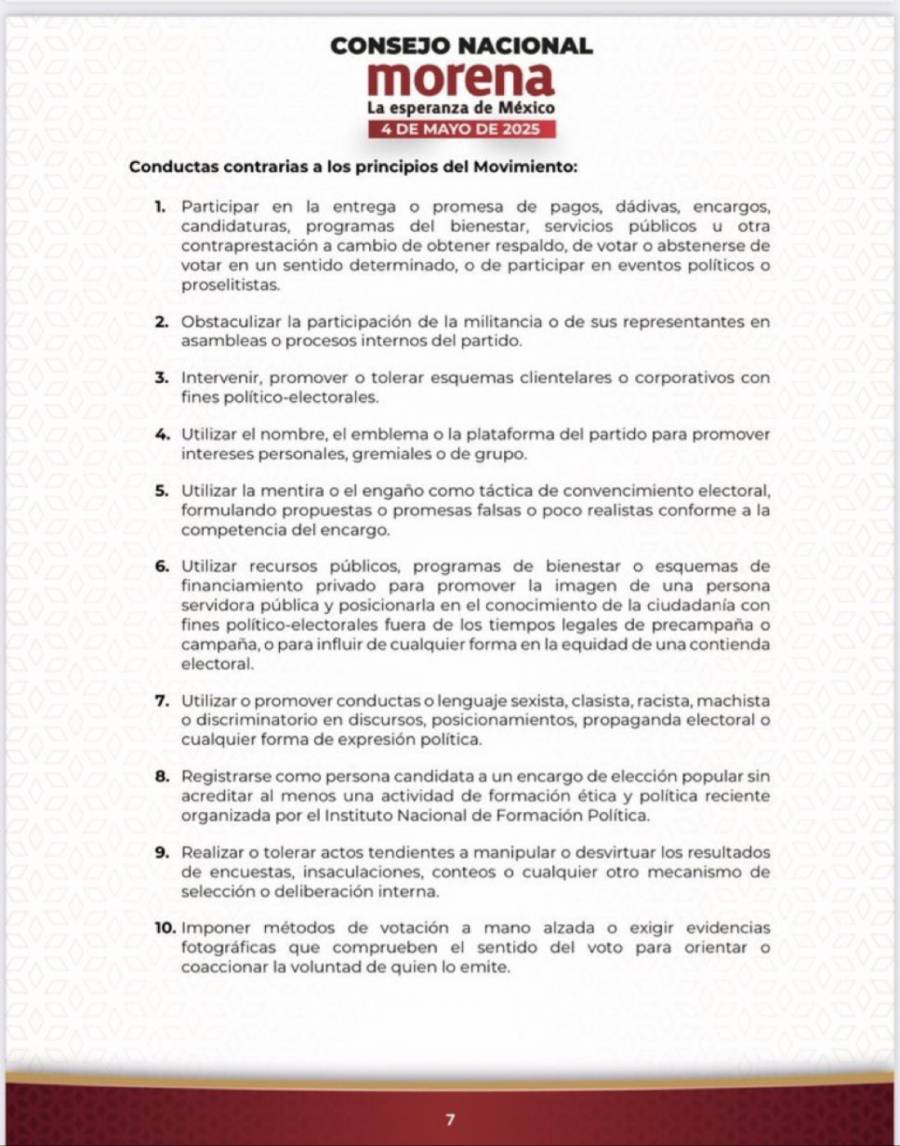 Morena define lineamientos ético-políticos, basados en recomendaciones de Sheinbaum, rumbo a próximas elecciones: se prohíbe el nepotismo