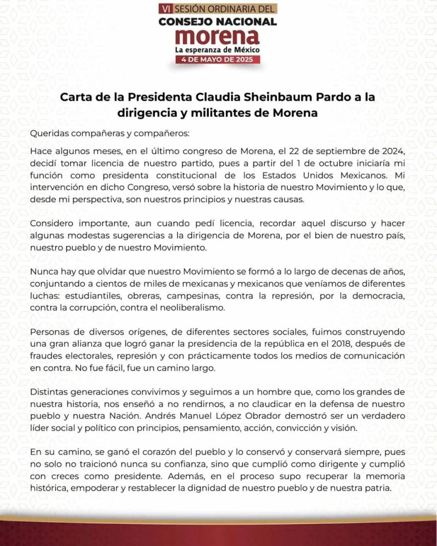 Sheinbaum llama a la unidad y a evitar el sectarismo y pragmatismo sin principios en carta enviada a Consejo Nacional de Morena