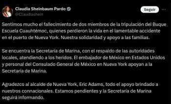 Presidenta Claudia Sheinbaum ordena atención inmediata a cadetes heridos tras choque del buque Cuauhtémoc