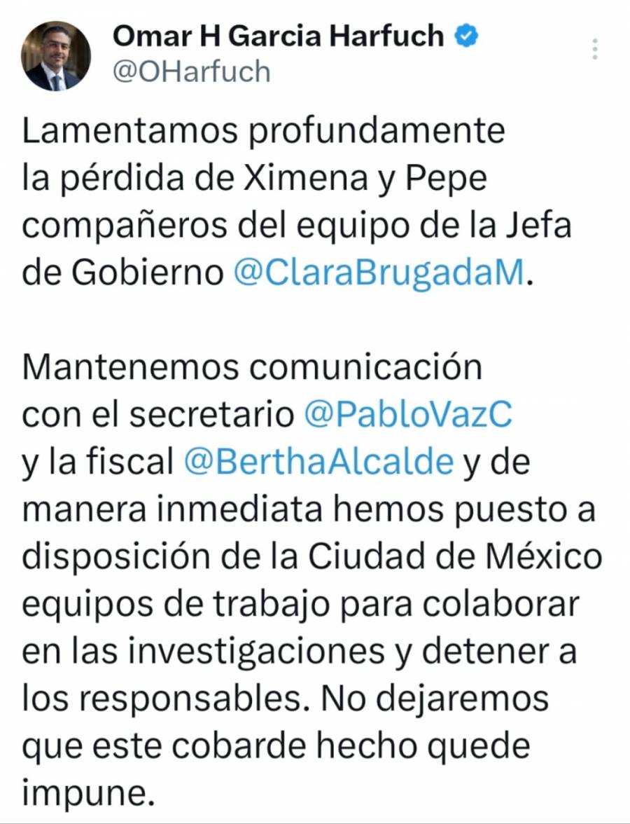 García Harfuch lamenta crimen de colaboradores de Brugada; 