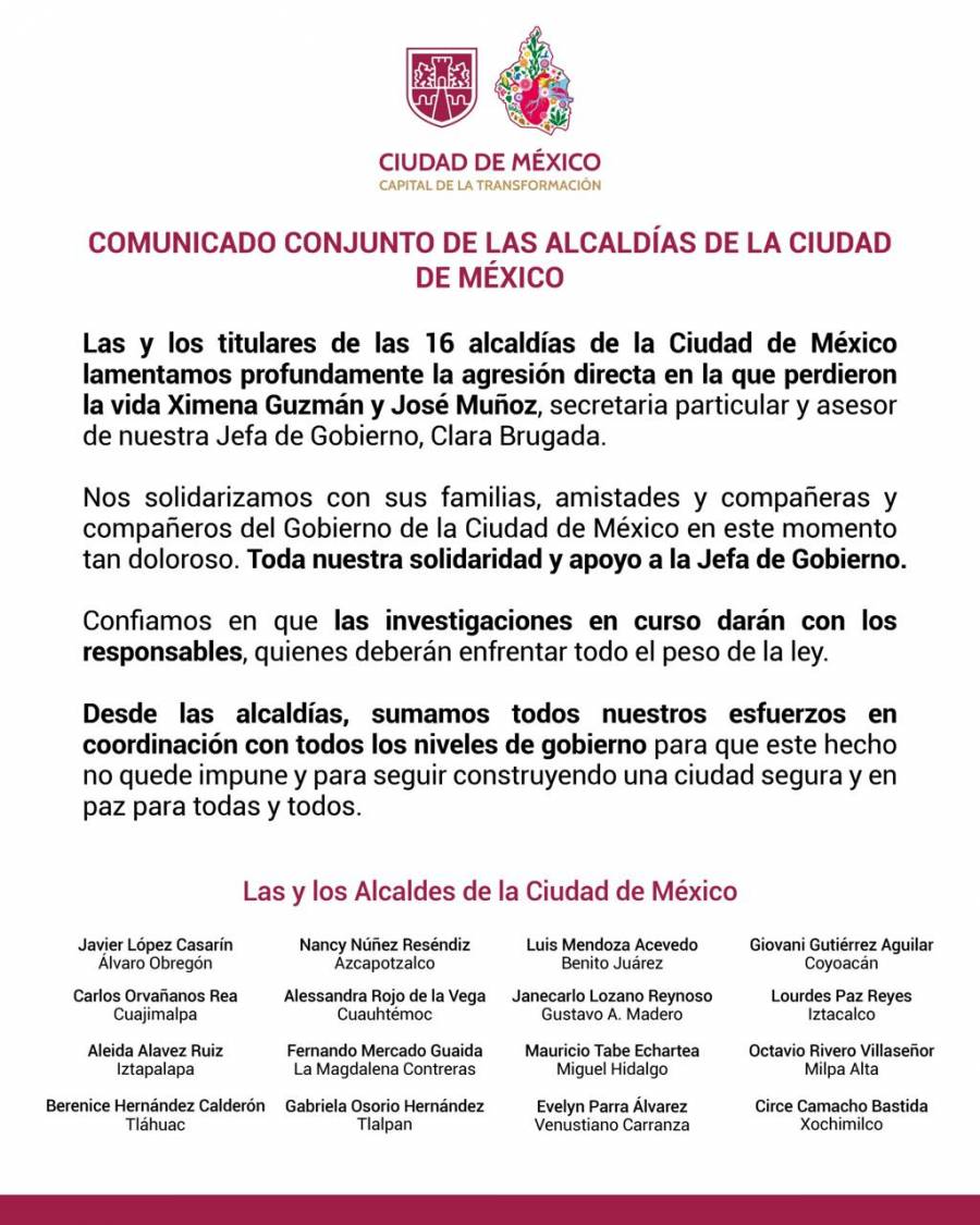 Alcaldías de la CDMX lamentan asesinato de Ximena Guzmán y José Muñoz