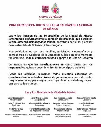 Alcaldías de la CDMX lamentan asesinato de Ximena Guzmán y José Muñoz