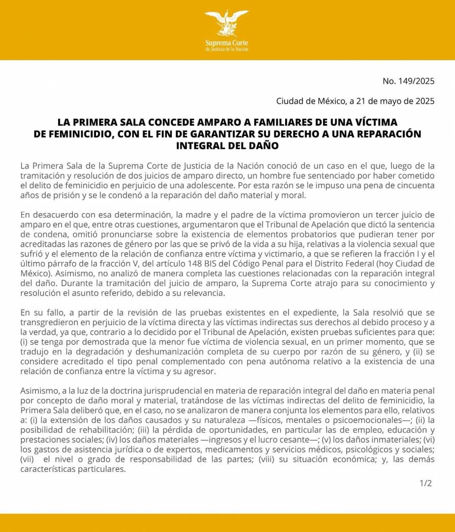 Primera Sala de la SCJN concede amparo a familiares de víctima de feminicidio para garantizar reparación integral del daño