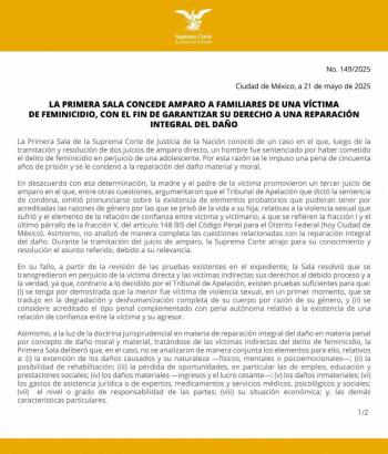 Primera Sala de la SCJN concede amparo a familiares de víctima de feminicidio para garantizar reparación integral del daño