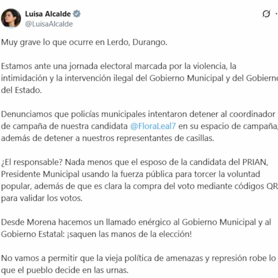 “Fue un cochinero”: Luisa María Alcalde denuncia elección de Estado en Lerdo, Durango