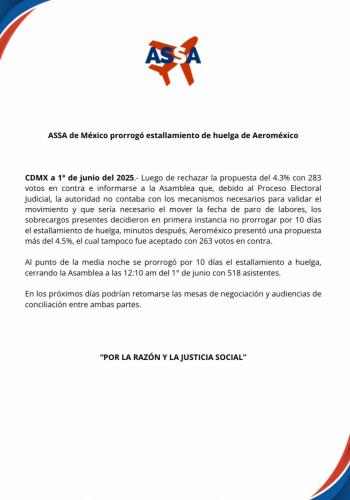 ASSA extiende 10 días el plazo para huelga en Aeroméxico