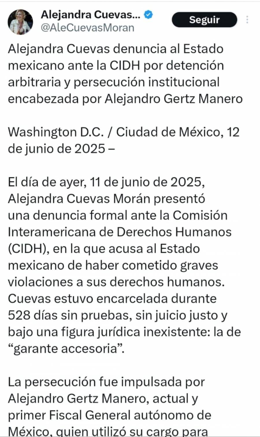 Alejandra Cuevas Denuncia al Estado Mexicano ante la CIDH por Persecución
