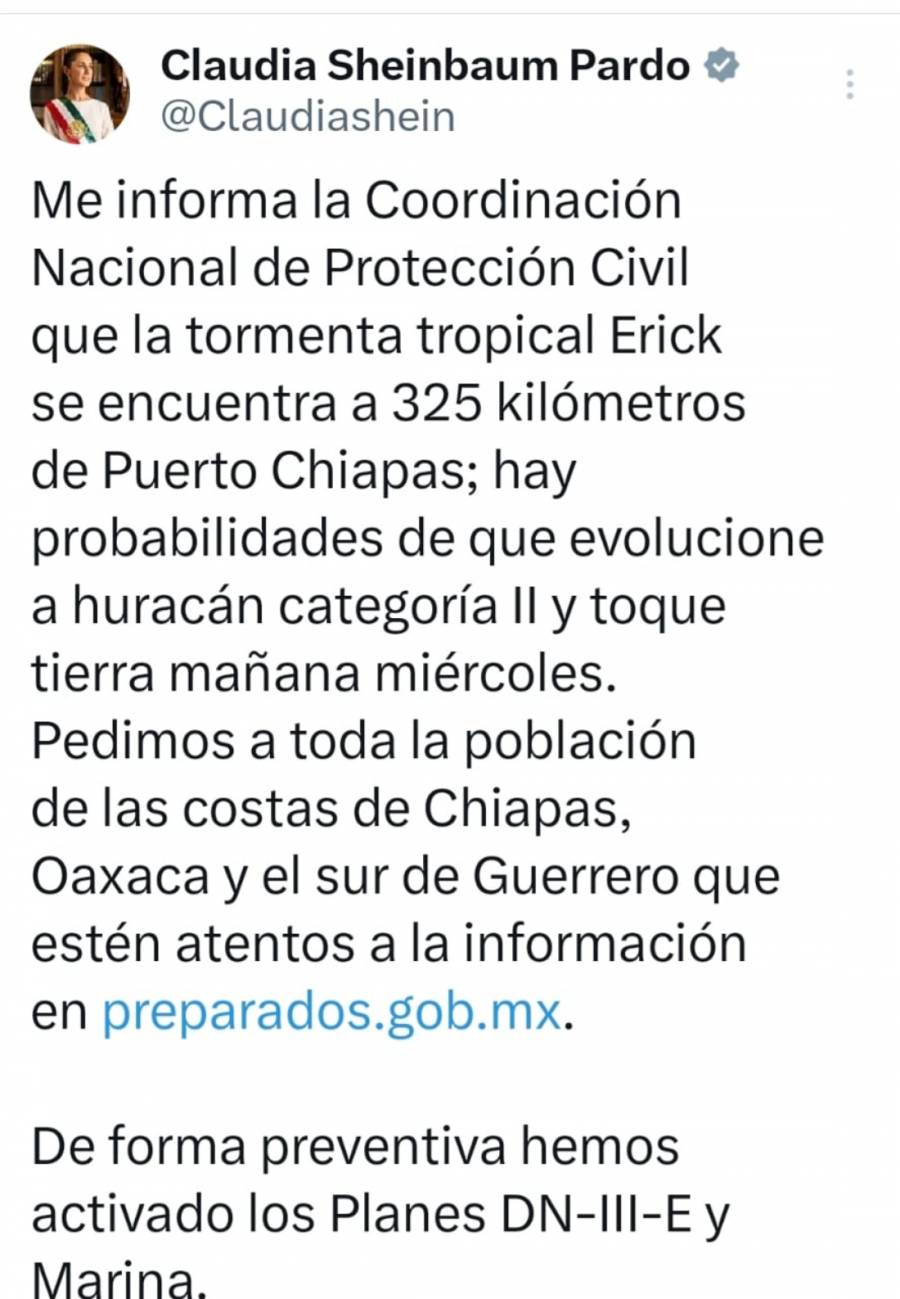 Desde Canadá, Sheinbaum alerta sobre tormenta tropical Erick y activa planes de emergencia