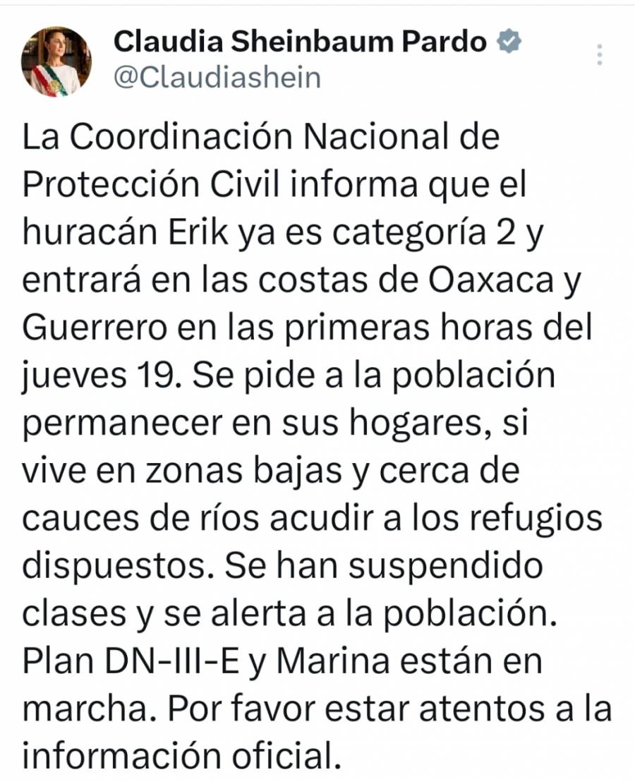 Alerta presidenta por Erik, ya es categoría 2; pida población resguardarse ante impacto en costas de Oaxaca y Guerrero este jueves 
