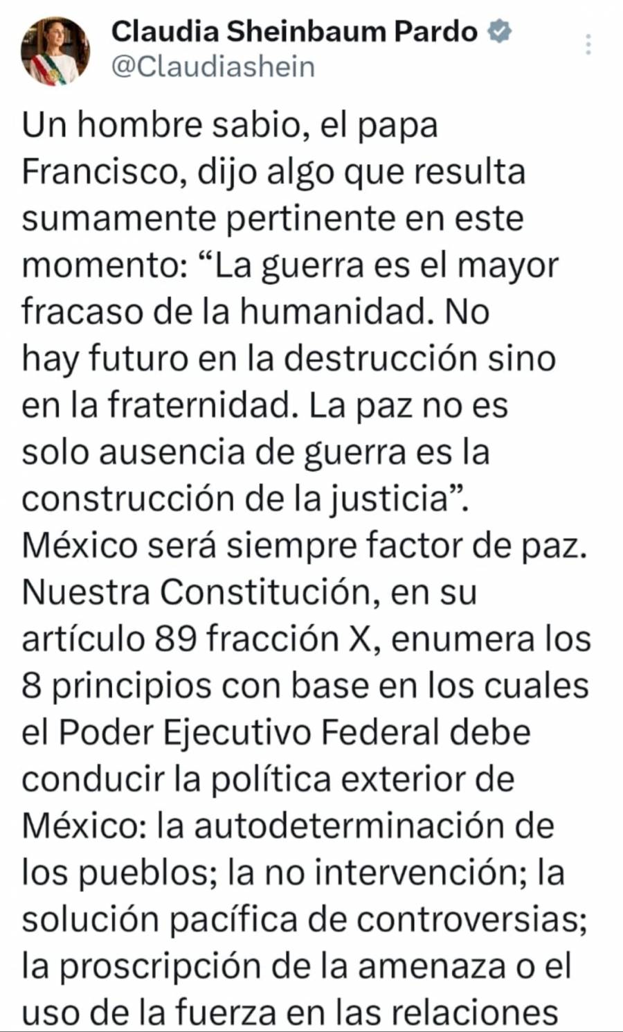 Sheinbaum reafirma compromiso de México con la paz: 