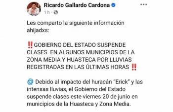 Por fuertes lluvias y huracán “Erick
