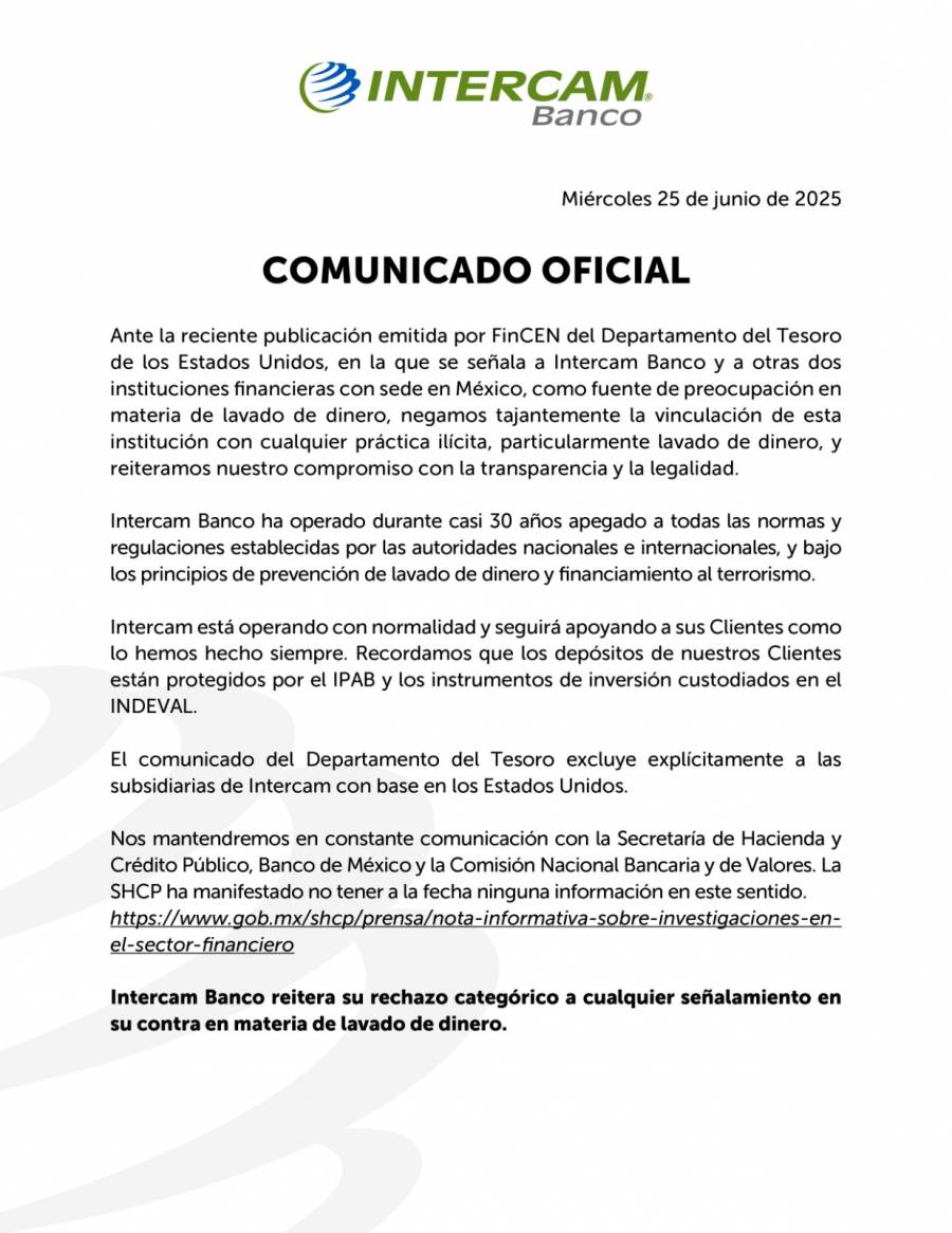 Intercam Banco niega vínculos con lavado de dinero tras señalamientos del Departamento del Tesoro de EE.UU.   