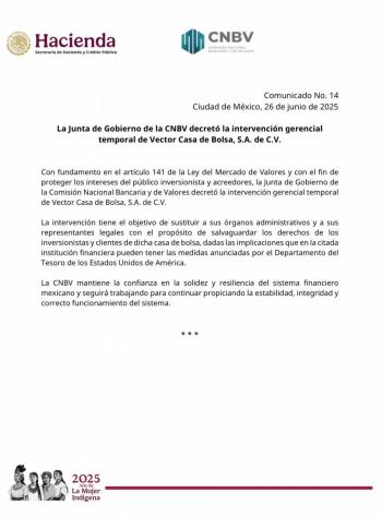 Presidenta respalda intervención temporal a bancos y casa de bolsa para no afectar sistema financiero