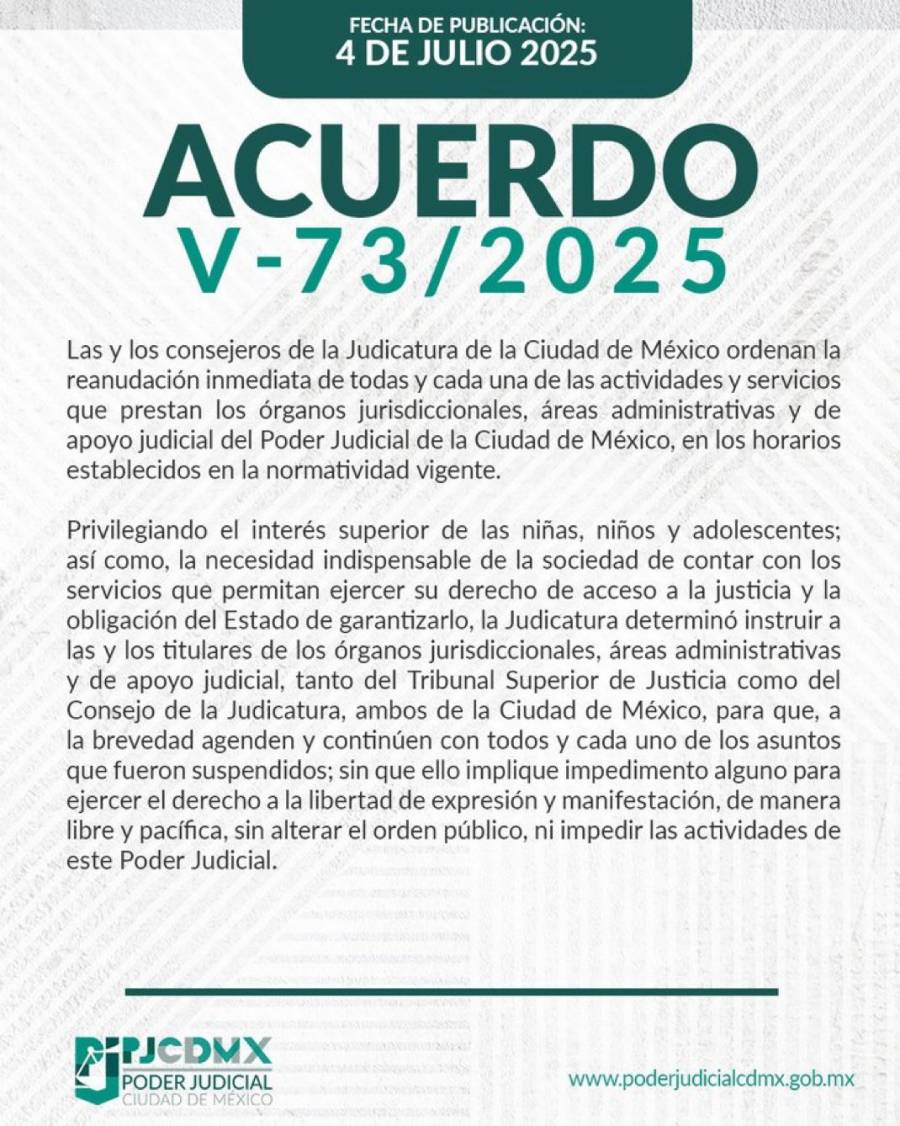 Consejo de la Judicatura de la CDMX ordena reanudar actividades en el Poder Judicial capitalino