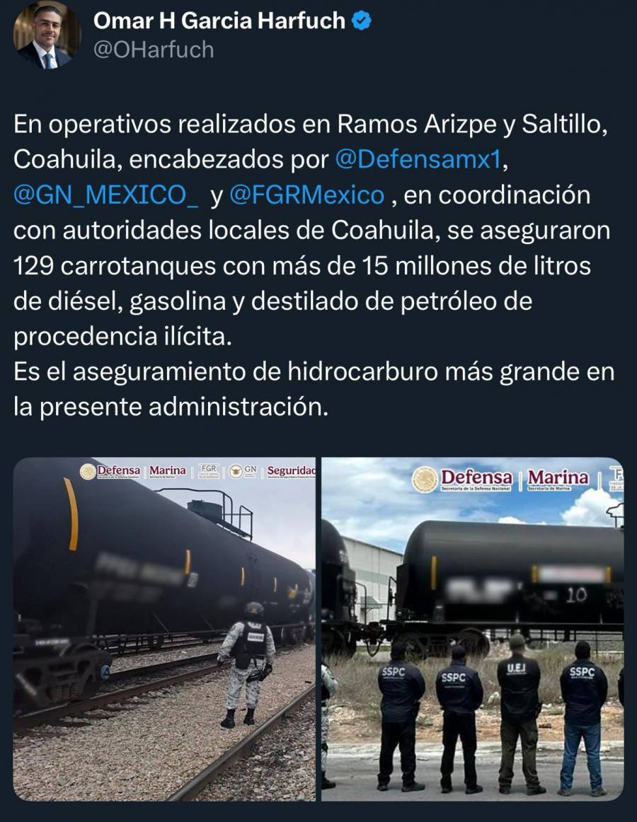 Aseguran más de 15 millones de litros de combustible en Coahuila