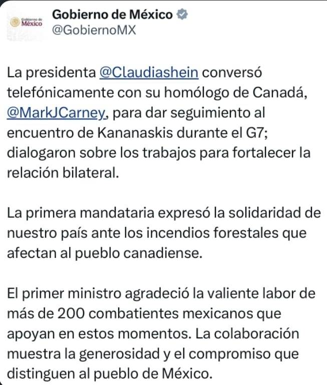 Presidenta de M&eacute;xico y primer ministro de Canad&aacute; sostienen di&aacute;logo; Carney agradece apoyo ante incendios forestales