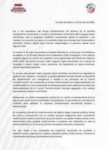 Senadores de Morena cierran filas en respaldo a Adán Augusto López Hernández