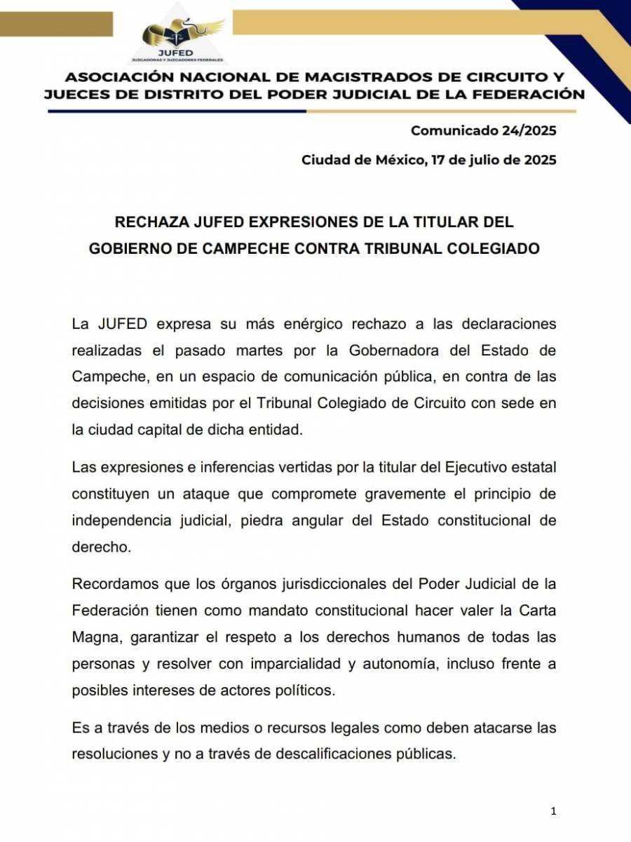 JUFED rechaza expresiones de la gobernadora de Campeche contra Tribunal Colegiado