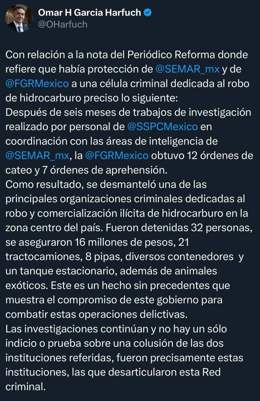 Desmienten presunto encubrimiento a l&iacute;der huachicolero; operativo fue resultado de meses de investigaci&oacute;n