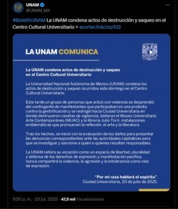 UNAM repudia actos vand&aacute;licos en el MUAC y librer&iacute;a Julio Torri; prepara denuncias formales