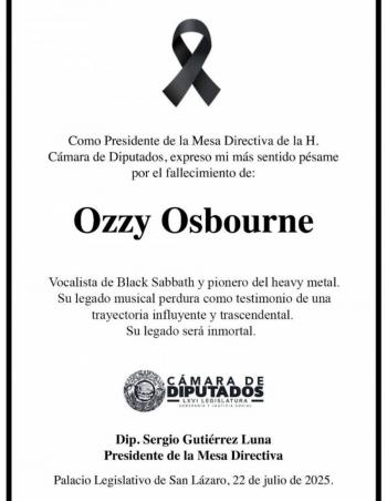 Guti&eacute;rrez Luna genera pol&eacute;mica por esquela de Ozzy Osbourne desde cuenta de la C&aacute;mara de Diputados