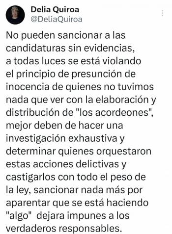 Delia Quiroa, ex candidata judicial, rechaza sanciones del INE por “acordeones” y exige investigaci&oacute;n a responsables